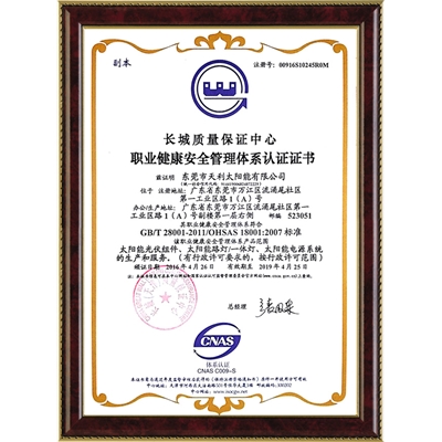 職業(yè)健康安全管理體系認(rèn)證證書(中文）